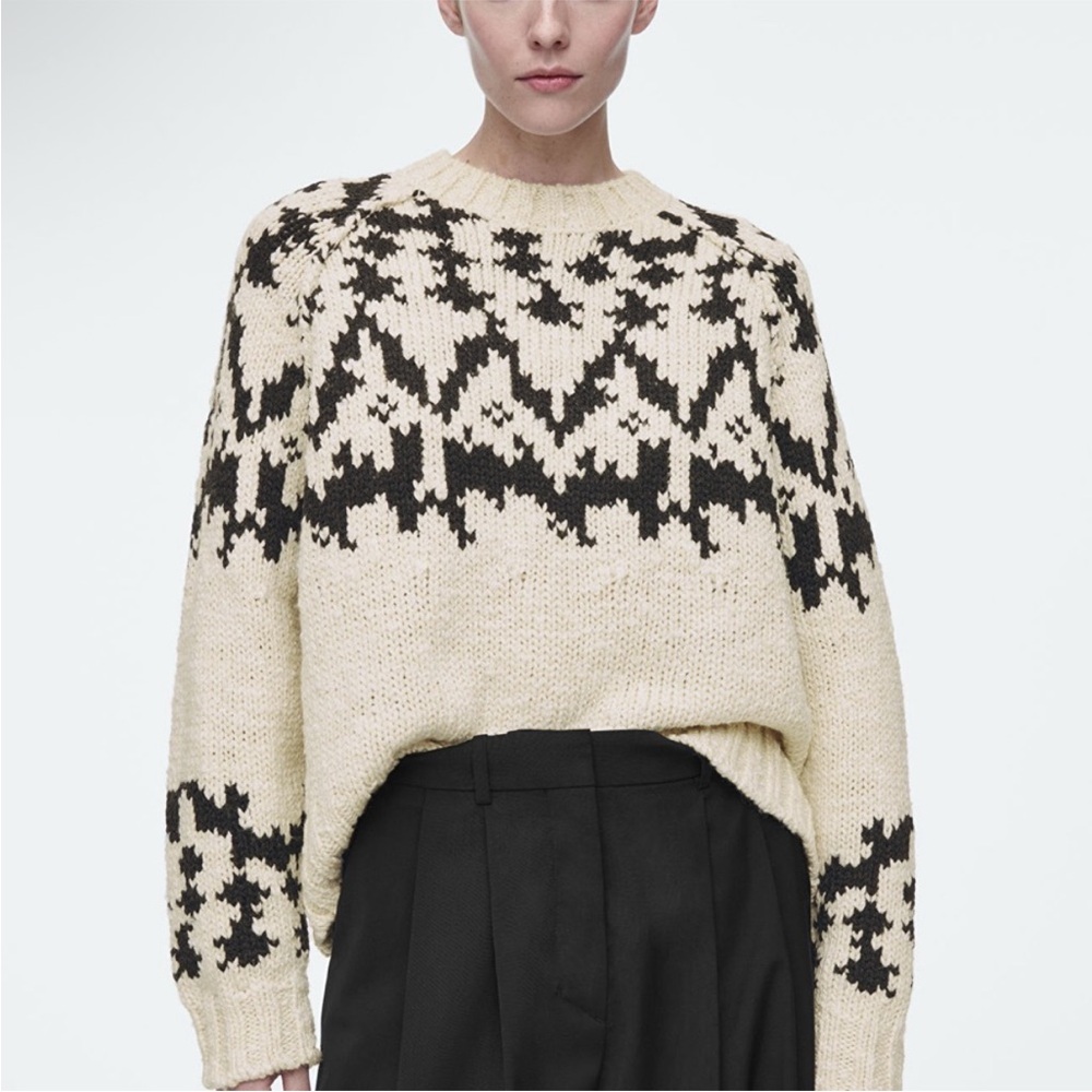 COS Fair Isle Chunky Crewneck Wool Sweater Cream Dark Grey Size XS - Picture 12 of 14